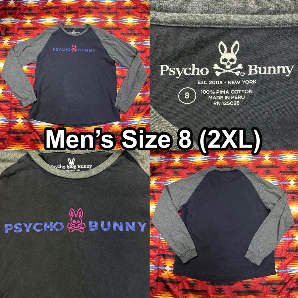 Psycho Bunny Black Long Sleeve T-Shirt Men’s Size 8 Graphic Logo Crew Neck